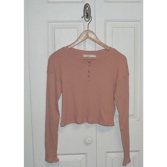 Lush Women's Long Sleeve Ribbed Cropped Henley Top in Cafe Cream Large - Picture 3 of 4